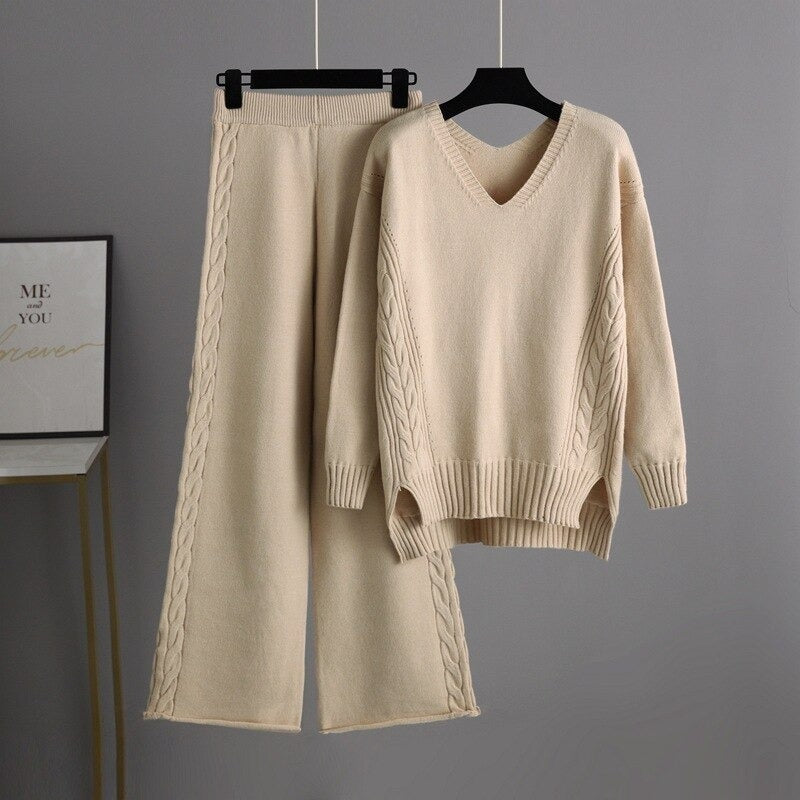 Loose Sweater And Knitted Wide Leg Pants For Women Khaki One Size