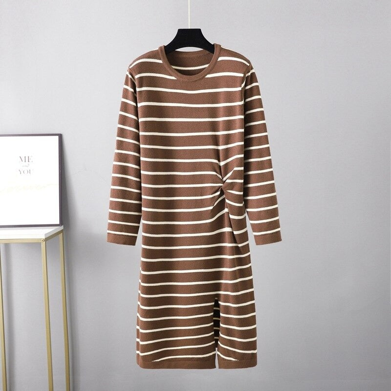 Twisted Striped Long Sleeve Sweater Dress For Women Brown One Size