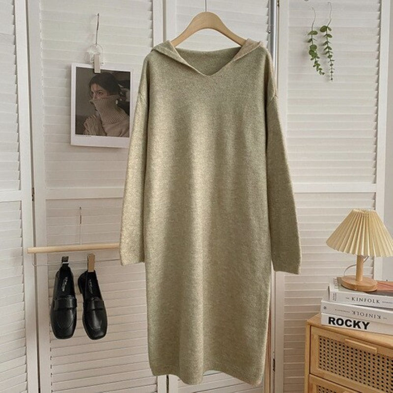 Warm Soft Hooded Long-Sleeve Knitted Sweater Dress For Women Light Green One Size