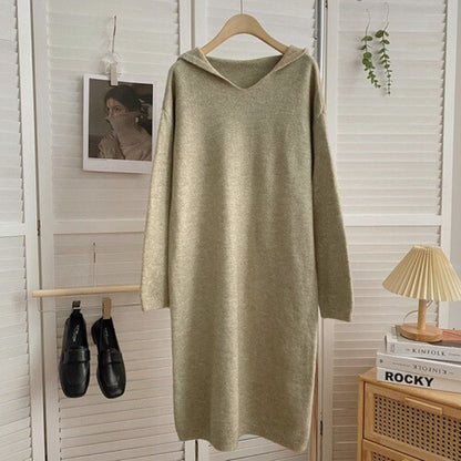 Warm Soft Hooded Long-Sleeve Knitted Sweater Dress For Women Light Green One Size