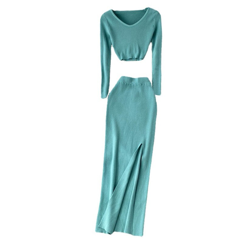 Knitted Thicken 2 Piece Long Skirt Set Light Blue One Size