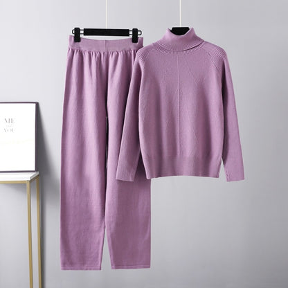 Women Turtleneck Knitted Two-Piece Sweater Set Purple One Size