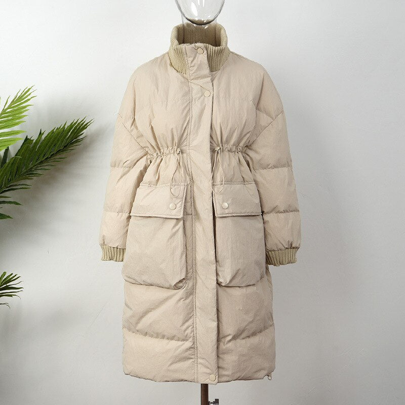 Cotton Thickened Long Parkas Coat for Women Beige M