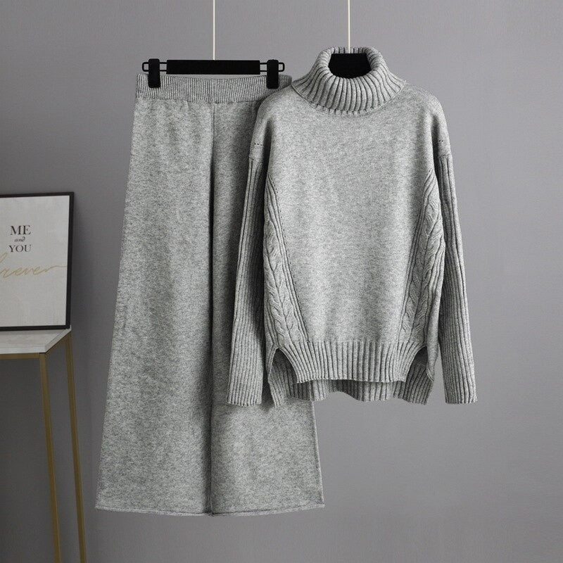 Thick Turtleneck Pullover Sweater Sets For Women Gray One Size