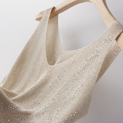 Korea Bling Lurex Diamond Knitted Tank For Women Beige