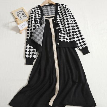 Women's Long-Sleeved Knitted Cardigan 2 Pieces Set Black One Size