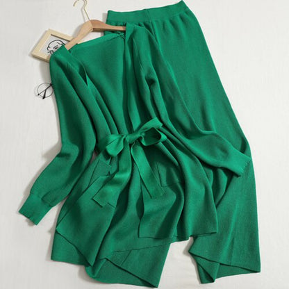 Lace-Up Knitted Cardigan Long Set Green One Size