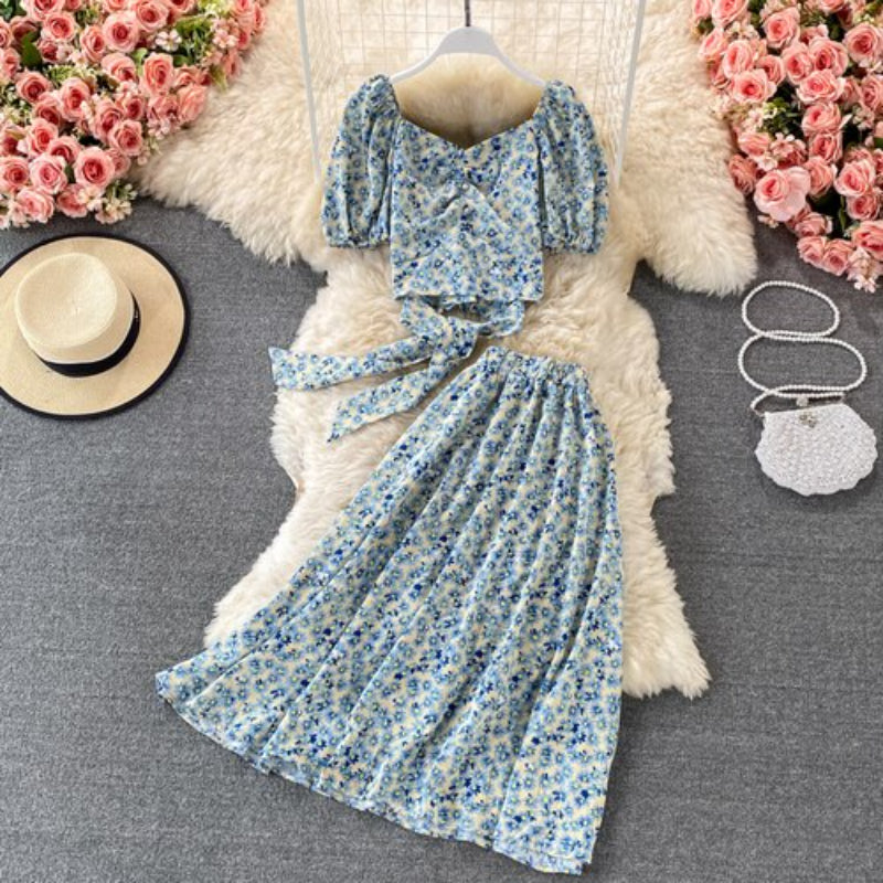 Floral Puff Sleeved Two Piece Skirt Set Light Blue One Size