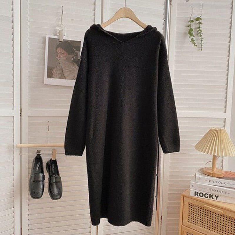 Warm Soft Hooded Long-Sleeve Knitted Sweater Dress For Women Black One Size