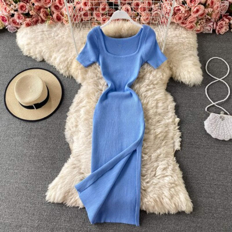 Slit Slim Knitted Short Sleeve Dress For Women Blue One Size