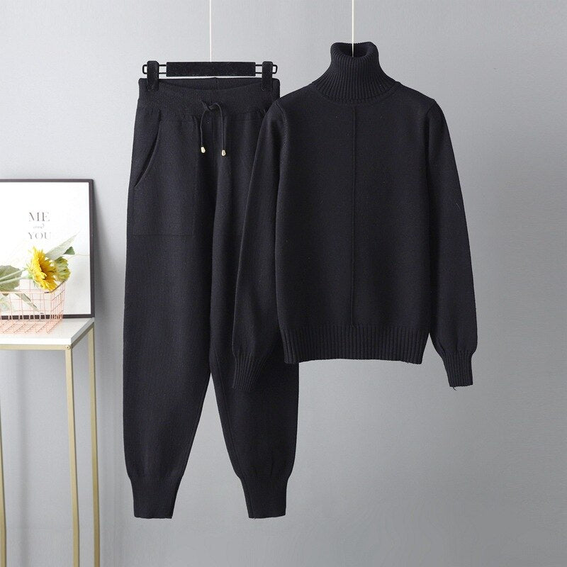 Casual Turtleneck 2 Piece Women's Sweater Black One Size