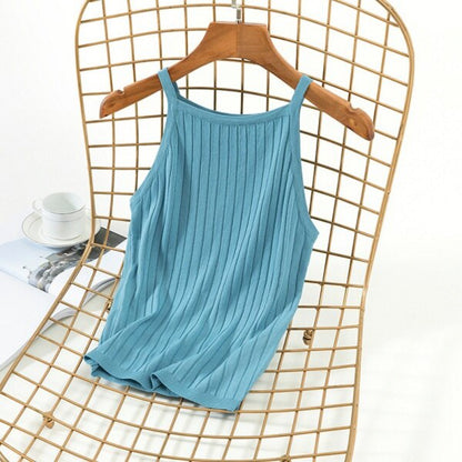 Knitted Sleeveless Slim Fit Camisole Blue One Size