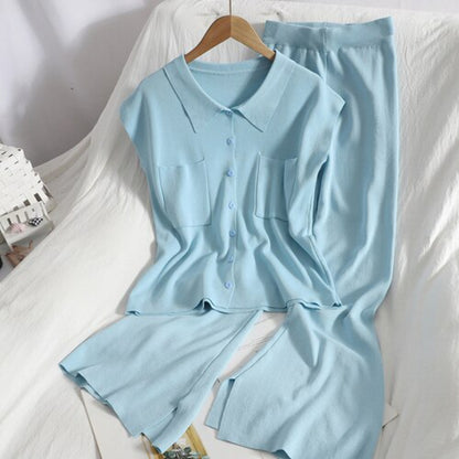 Women's Solid Knit Lapel Buttoned Sleeveless Set Blue One Size