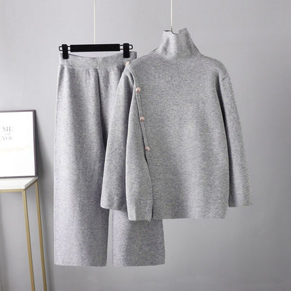 Casual Button Sweater And Wide-Leg Pants Suit For Women Gray One Size