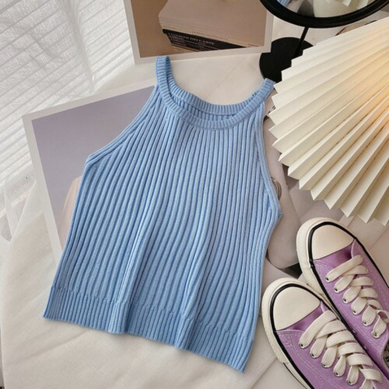 Slim Casual Knitted O-Neck Sleeveless Camisole Blue One Size