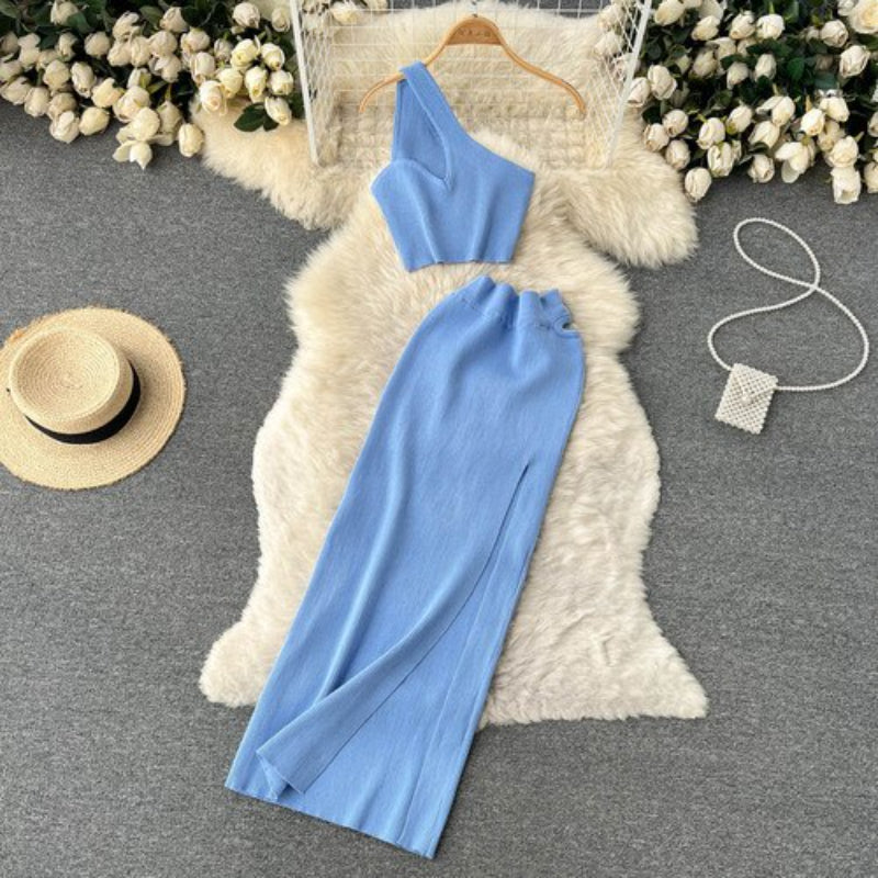 2 Pieces Retro Suspender Knitted Skirt Set Light Blue One Size