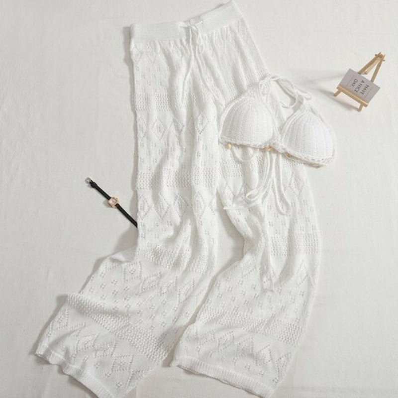 Crochet Lace-Up Hollow Knitted Suit White