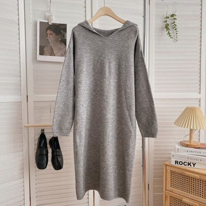 Warm Soft Hooded Long-Sleeve Knitted Sweater Dress For Women Gray One Size