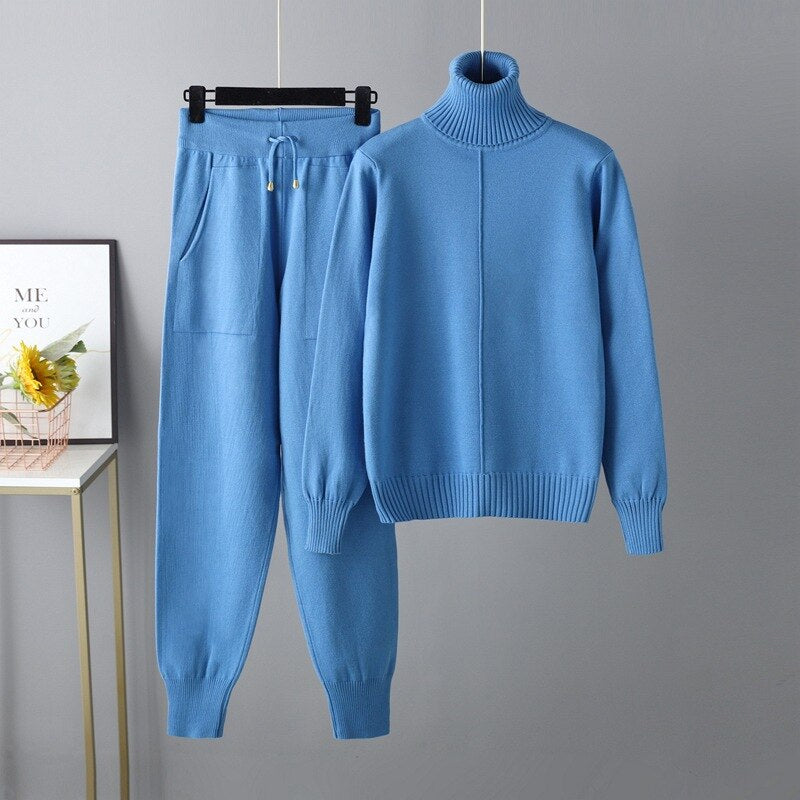 Casual Turtleneck 2 Piece Women's Sweater Blue One Size