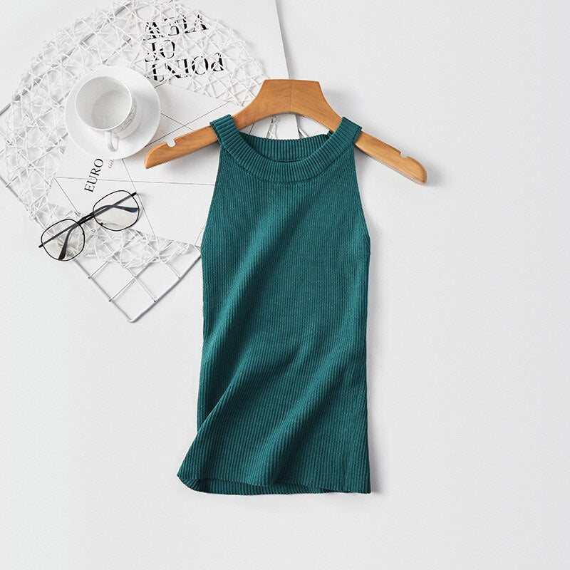 Women Halter Vest Simple Knitted Camisole Green One Size