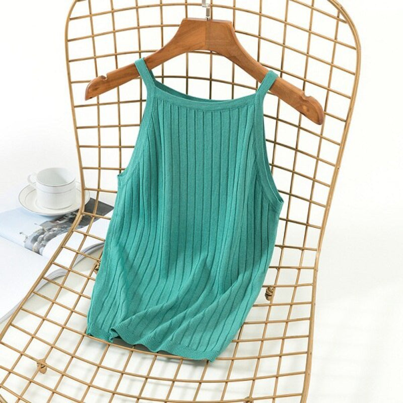 Knitted Sleeveless Slim Fit Camisole Green One Size