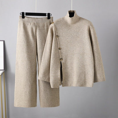 Casual Button Sweater And Wide-Leg Pants Suit For Women Khaki One Size