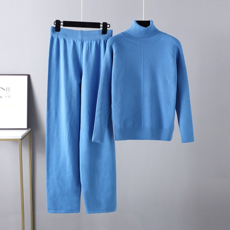 Women Turtleneck Knitted Two-Piece Sweater Set Blue One Size