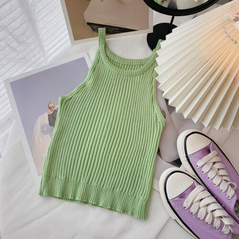 Slim Casual Knitted O-Neck Sleeveless Camisole Green One Size