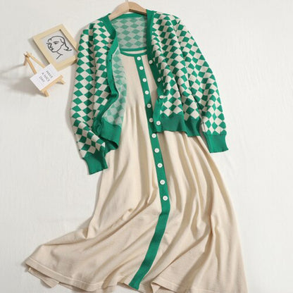 Women's Long-Sleeved Knitted Cardigan 2 Pieces Set Green One Size