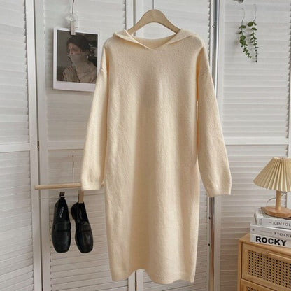 Warm Soft Hooded Long-Sleeve Knitted Sweater Dress For Women Apricot One Size