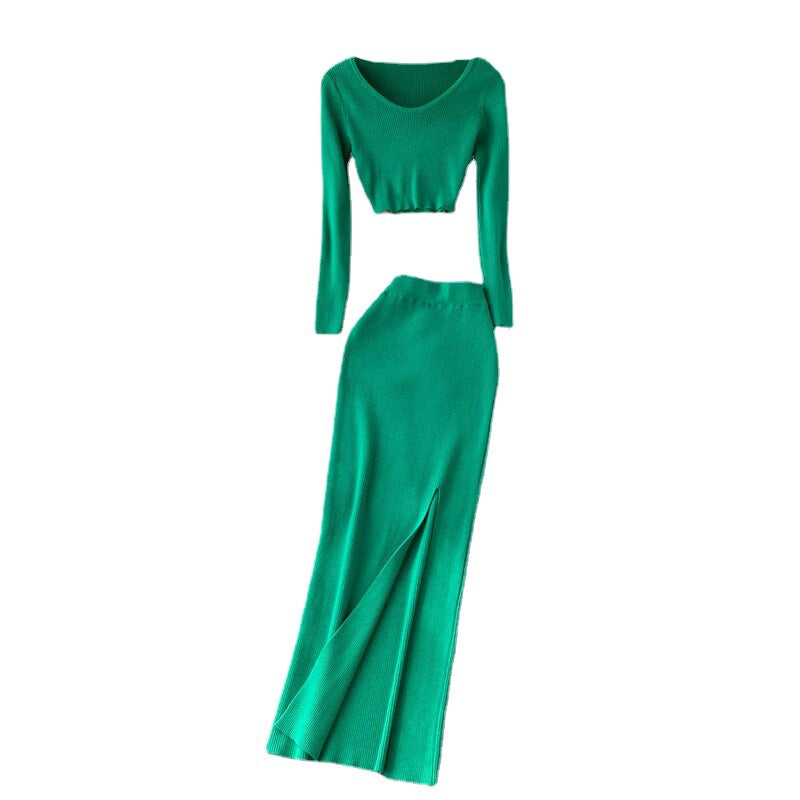 Knitted Thicken 2 Piece Long Skirt Set Green One Size