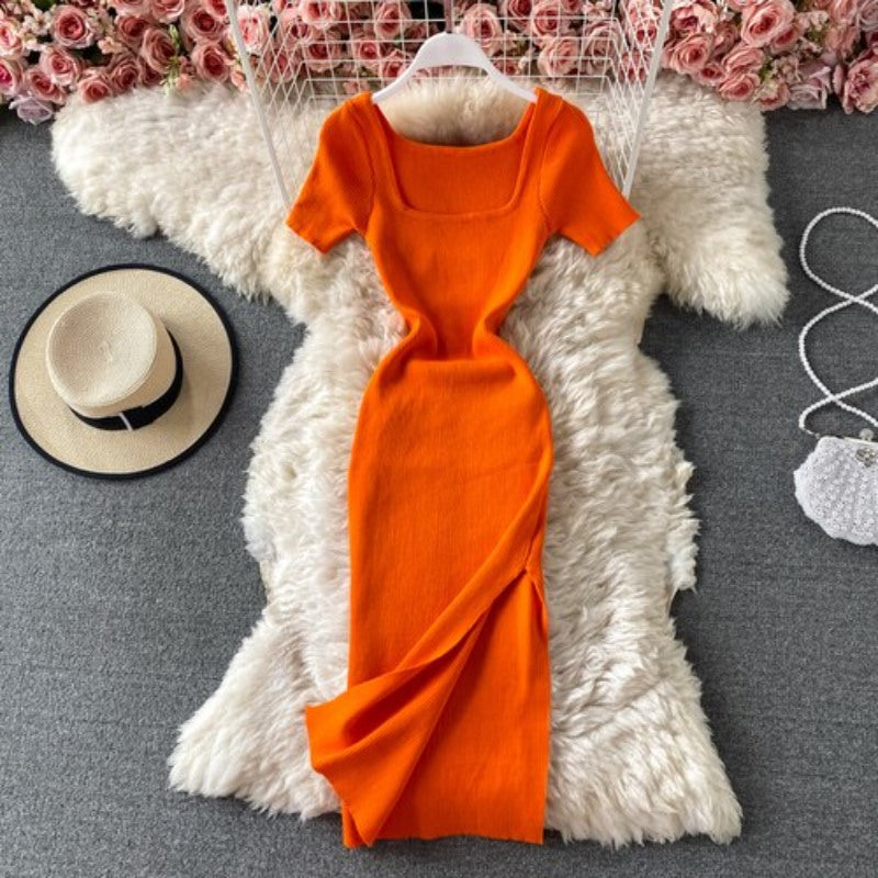 Slit Slim Knitted Short Sleeve Dress For Women Orange One Size