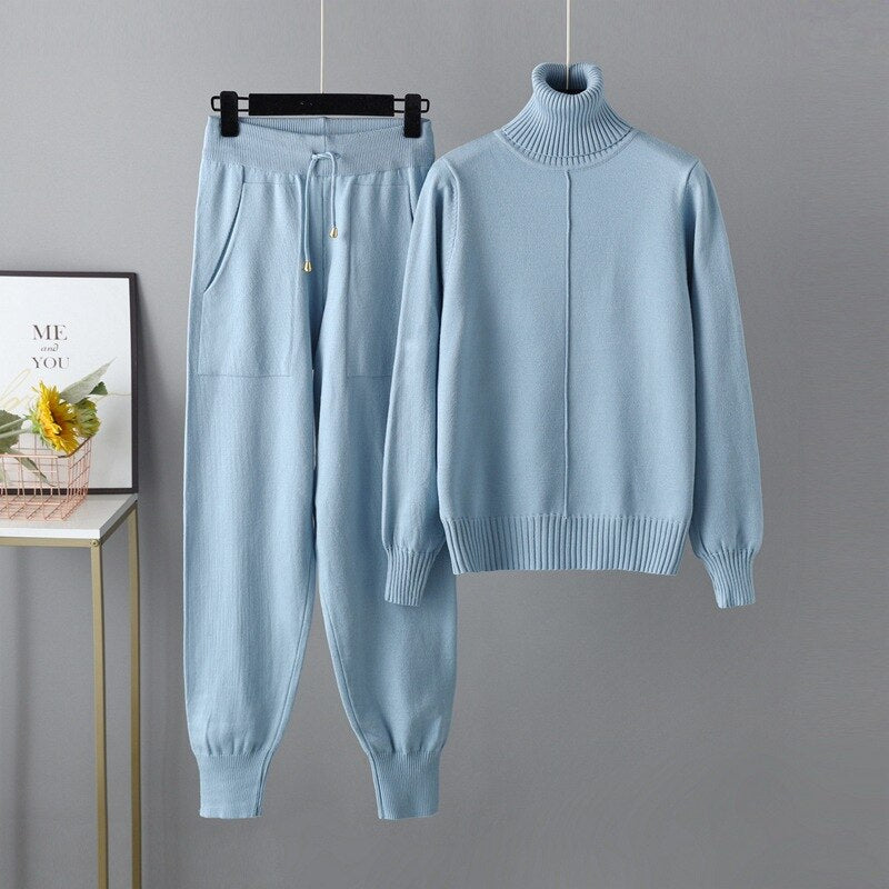 Casual Turtleneck 2 Piece Women's Sweater Light Blue One Size