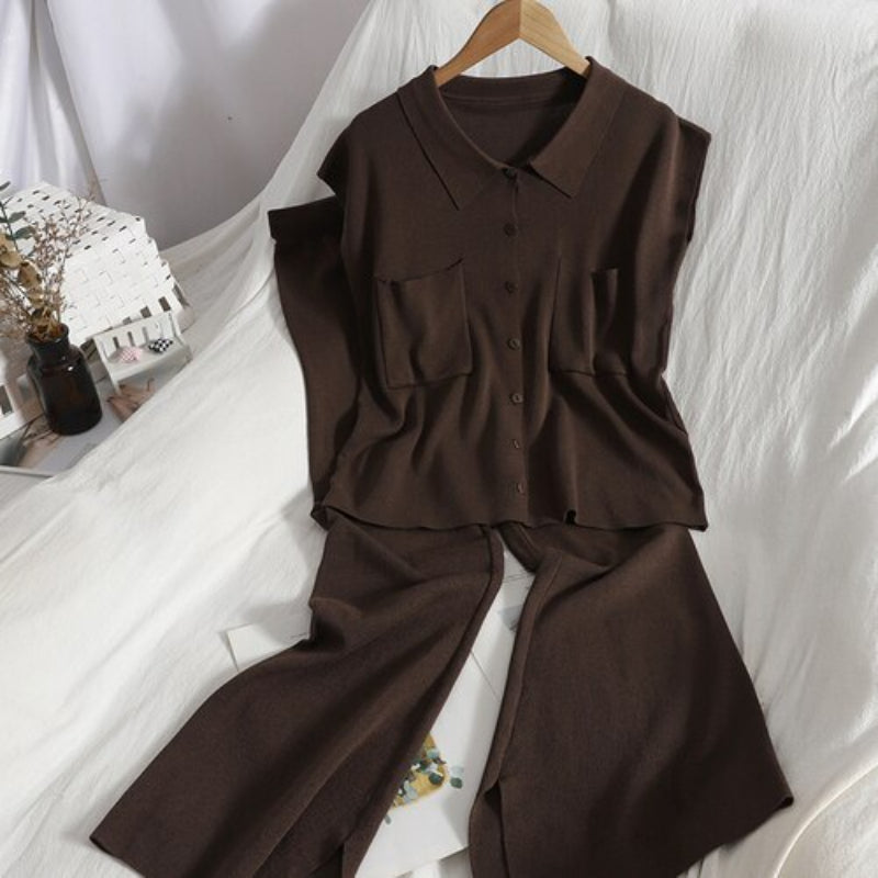 Women's Solid Knit Lapel Buttoned Sleeveless Set Brown One Size