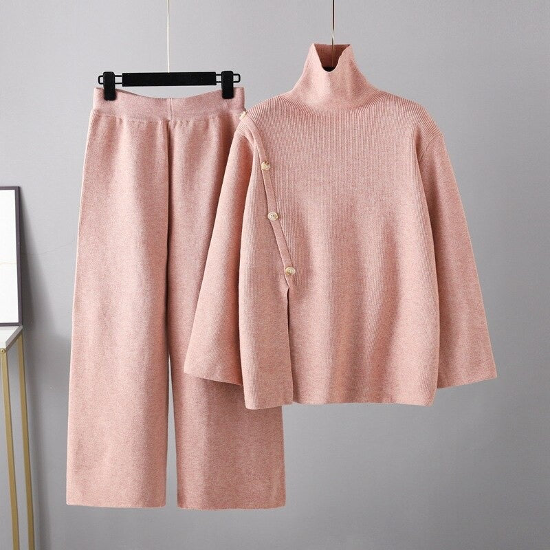 Casual Button Sweater And Wide-Leg Pants Suit For Women Pink One Size