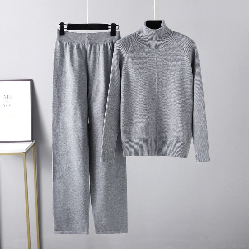 Women Turtleneck Knitted Two-Piece Sweater Set Grey One Size