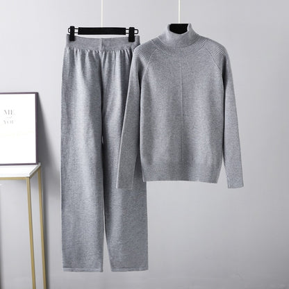 Women Turtleneck Knitted Two-Piece Sweater Set Grey One Size