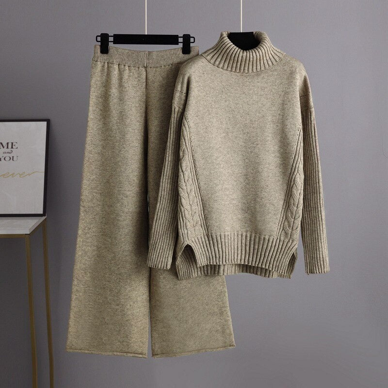 Thick Turtleneck Pullover Sweater Sets For Women Khaki One Size