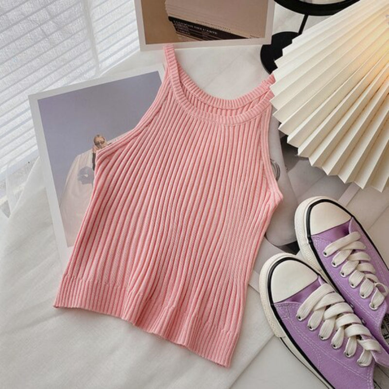 Slim Casual Knitted O-Neck Sleeveless Camisole Pink One Size