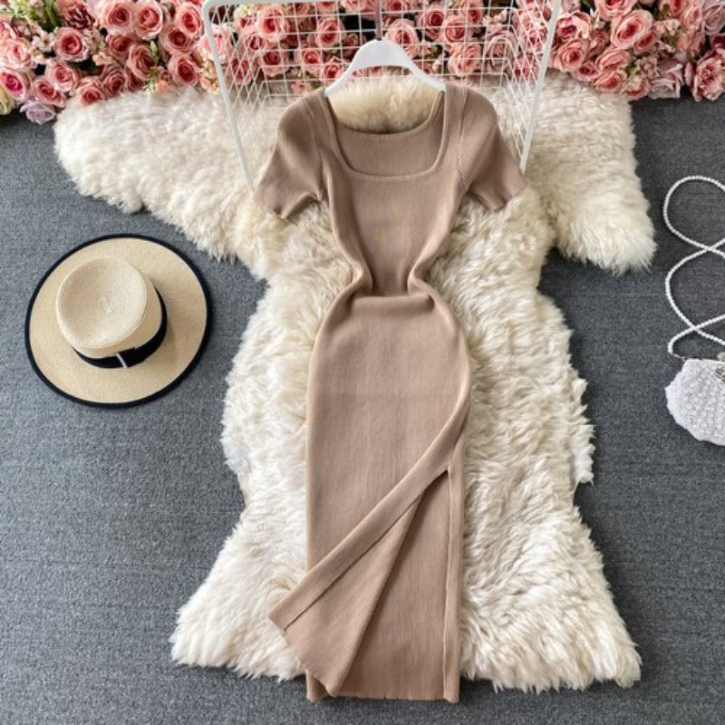 Slit Slim Knitted Short Sleeve Dress For Women Khaki One Size