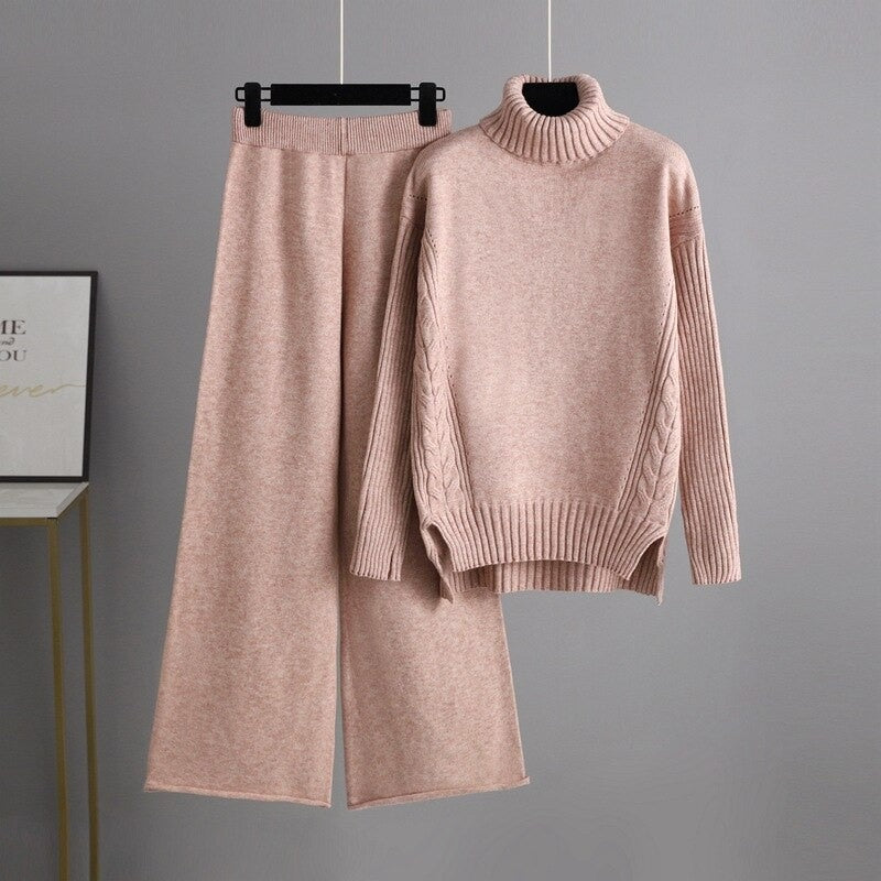 Thick Turtleneck Pullover Sweater Sets For Women Pink One Size