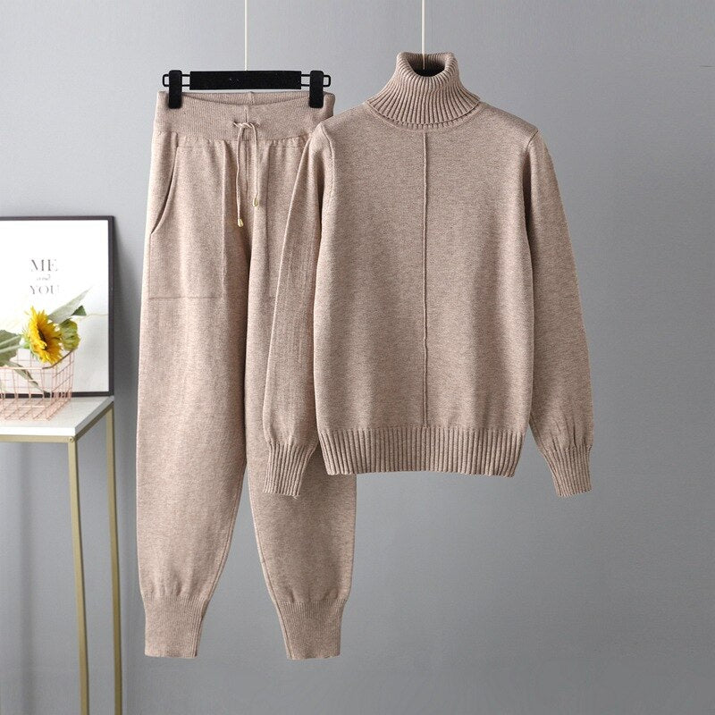 Casual Turtleneck 2 Piece Women's Sweater Khaki One Size