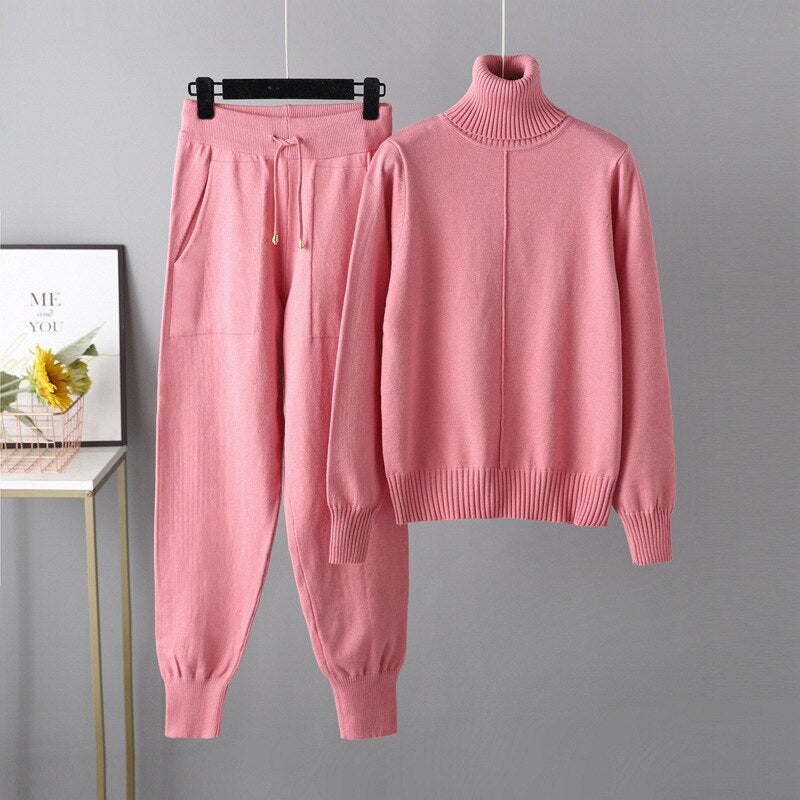 Casual Turtleneck 2 Piece Women's Sweater Pink One Size