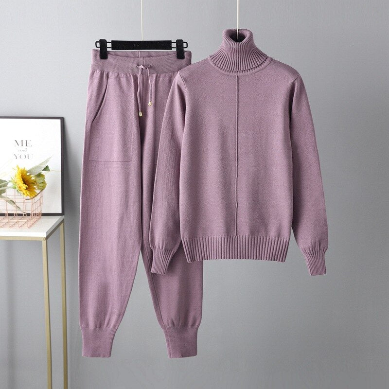 Casual Turtleneck 2 Piece Women's Sweater Purple One Size