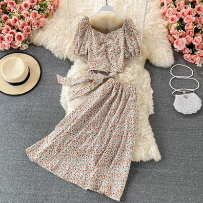 Floral Puff Sleeved Two Piece Skirt Set Apricot One Size