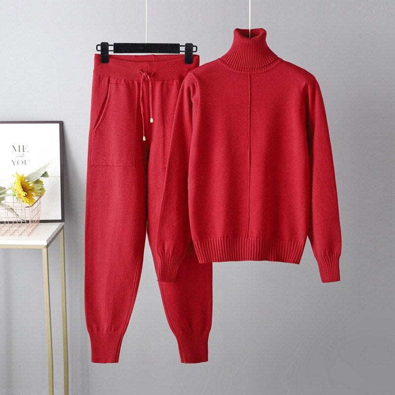 Casual Turtleneck 2 Piece Women's Sweater Red One Size