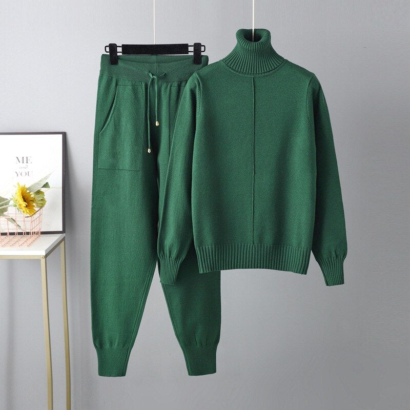 Casual Turtleneck 2 Piece Women's Sweater Green One Size