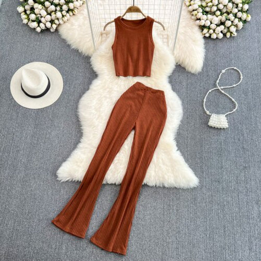 Casual Vest Sleeveless O-Neck 2 Piece Set Brown One Size