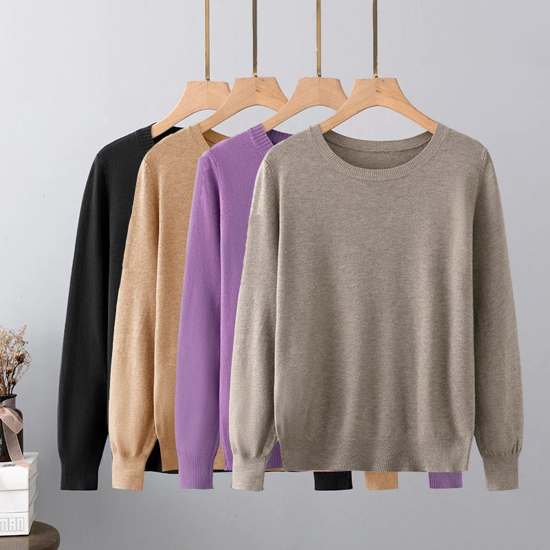 Cashmere O-Neck Solid Long-Sleeved Pullover For Women