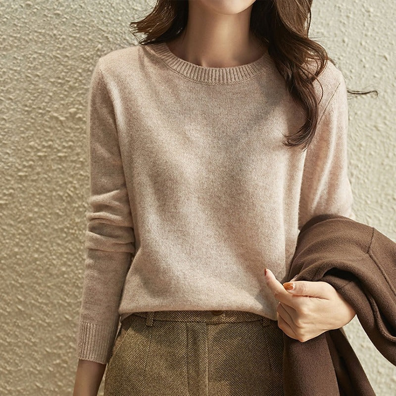 Cashmere O-Neck Solid Long-Sleeved Pullover For Women